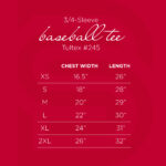 T-Shirt Size Chart_3.4 Sleeve Baseball Tee